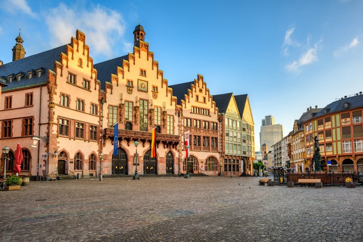Photo of the medieval Roemer building housing the Town Hall in the center of Old town of Frankfurt am Main, Germany.