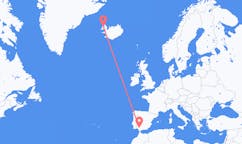 航班从西班牙塞维利亚市到伊萨菲厄泽市，冰岛塞尔