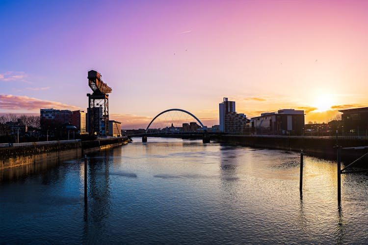 Photo of river Clyde at sunrise, Glasgow, Scotland, UK, Europe.