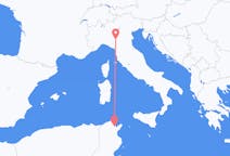 チュニジアのチュニスから、イタリアのパルマまでのフライト