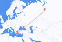Flights from Kogalym, Russia to Santorini, Greece