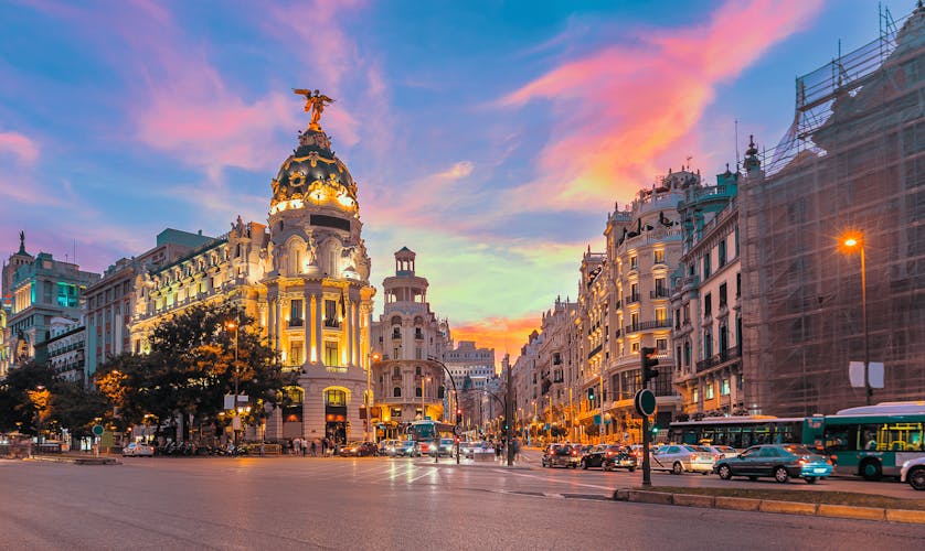 Photo of Madrid city skyline gran via street twilight , Spain.