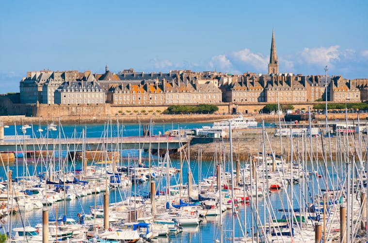 Yacht harbour and walled city of St Malo, Brittany, France.