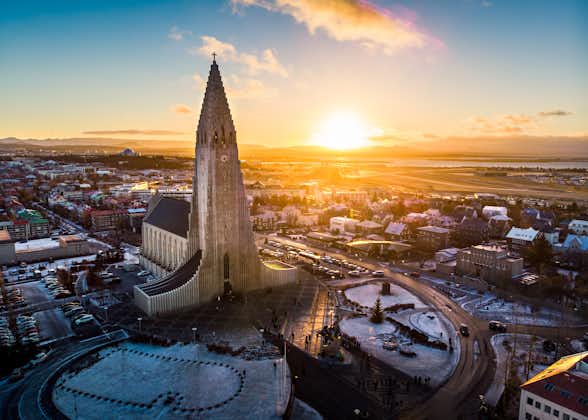 photo of hallgrimskirkja church and Reykjavik cityscape in Iceland aerial view.