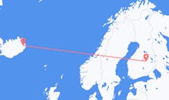航班从芬兰库奥皮奥市到埃伊尔斯塔济市，冰岛塞尔