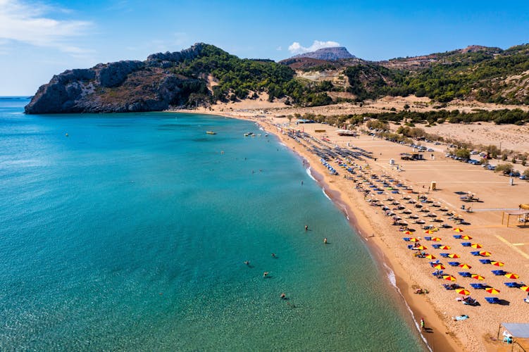 Photo of Tsampika beach with golden sand view from above, Rhodes, Greece.