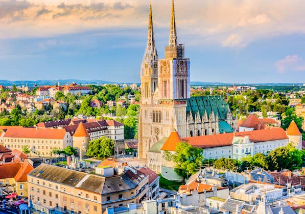 Photo of aerial view on cathedral in Zagreb city, capital town of Croatia.