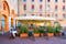 Piazza del Municipio with tables of restaurant in Ferrara, Emilia-Romagna, Italy. Ferrara is capital of the Province of Ferrara.