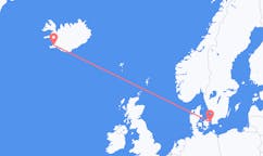 Fly fra byen Reykjavik, Island til byen København, Danmark
