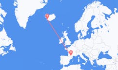 Fly fra byen Reykjavik, Island til byen Toulouse, Frankrig