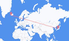 Fly fra byen Komatsu, Japan til byen Reykjavik, Island