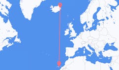 航班从西班牙拉斯帕尔马斯市到Egilssta?ir市，冰岛塞尔