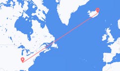 航班从美国纳什维尔市到埃伊尔斯塔济市，冰岛塞尔