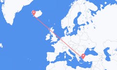 Fly fra byen Reykjavik, Island til byen Izmir, Tyrkiet