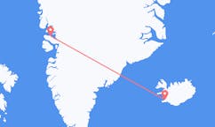 Fly fra byen Qaarsut, Grønland til byen Reykjavik, Island