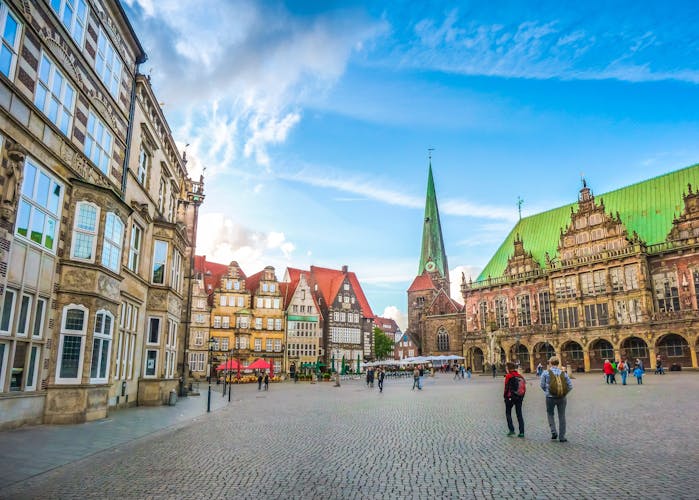 Photo of ancient Bremen Market Square in the centre of the Hanseatic City of Bremen with view on famous Raths-Buildings.