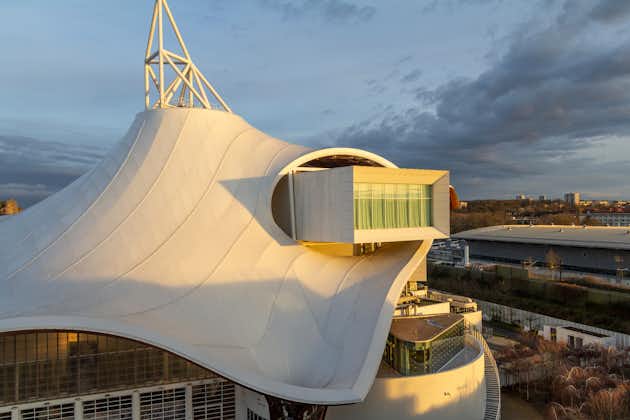 High angle view including the Centre Pompidou-Metz in Metz, a city in the Lorraine region at northeast France at evening time