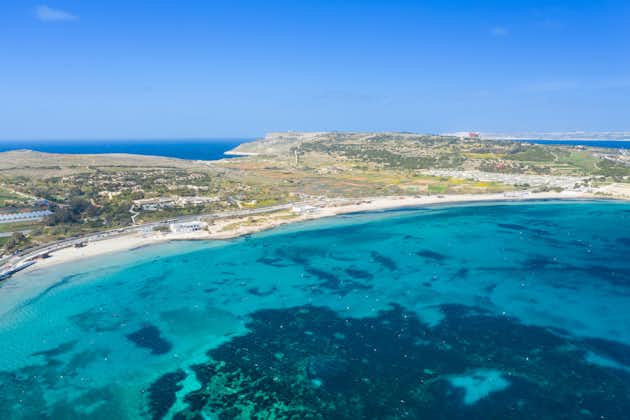 Aerial view of the famous Mellieha Bay in Malta island.