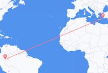 Flyg från Iquitos, Peru till Rhodes, England, Grekland