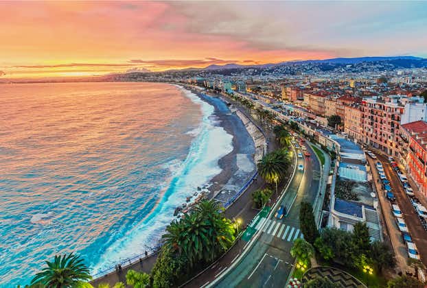 Coast of Nice, France during golden sunset hour