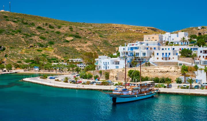 Photo of Adamantas Adamas harbor town of Milos island. Milos, Greece view from sea.