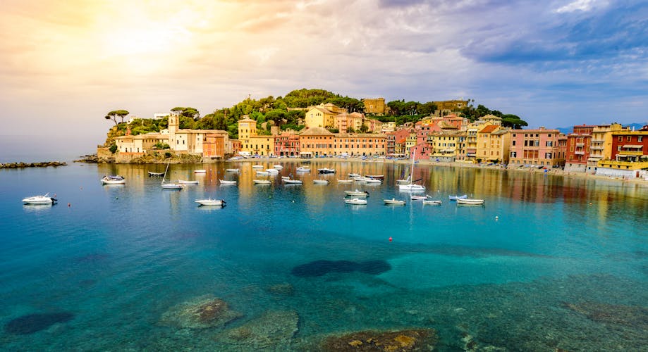 Photo of Sestri Levante - Paradise Bay of Silence with its boats and its lovely beach. Beautiful coast at Province of Genoa in Liguria, Italy - Europe.