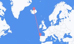 航班从西班牙圣地亚哥 － 德孔波斯特拉市到阿克雷里市，冰岛塞尔