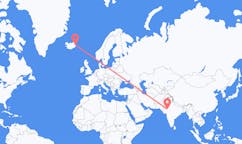 航班从印度乌代浦市到埃伊尔斯塔济市，冰岛塞尔