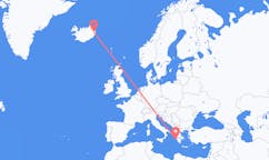 航班从希腊扎金索斯岛市到埃伊尔斯塔济市，冰岛塞尔