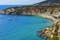 Photo of a panoramic view of the Cala de Hort cove in Ibiza Island, Spain .