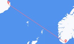 航班从挪威克里斯蒂安桑市到埃伊尔斯塔济市，冰岛塞尔