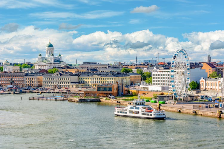 Photo of Helsinki cityscape with Helsinki Cathedral and port.
