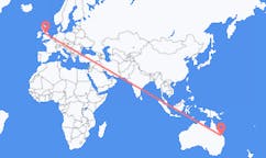 Flyrejser fra Biloela, Australien til Manchester, England