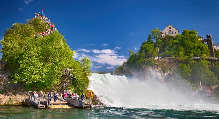 Photo of Rhine falls (Rheinfalls), the largest plain waterfall in Switzerland, Europe.
