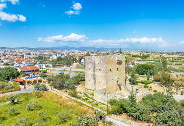 Photo of aerial view of Kolossi Medieval Castle in Limassol, Cyprus.