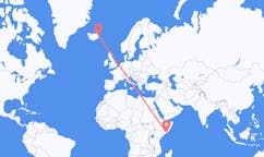 航班从索马里摩加迪休市到埃伊尔斯塔济市，冰岛塞尔