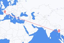Flyg från Rangoon, Myanmar (Burma) till Brive-la-gaillarde, Frankrike