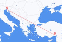 Vluchten van Adana, Turkije naar Triëst, Italië
