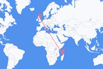 Flyg från Nossi-Bé, Madagaskar till Durham, England