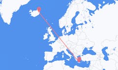 航班从希腊伊拉克利翁市到Egilssta?ir市，冰岛塞尔