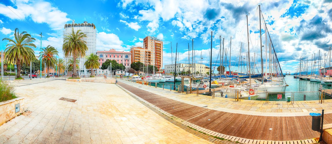 Splendid spring Cityscape with marina and Yachts and boats in town Cagliari.
