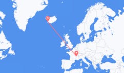 Flyg från staden Reykjavik, Island till staden Lyon, Frankrike