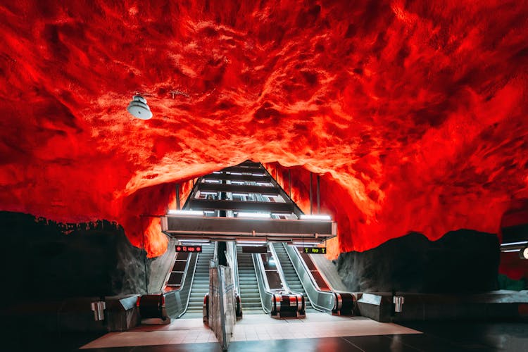  Escalator in Stockholm Metro Underground Subway Station.