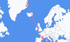 スペインのバルセロナからから、グリーンランドのイットコルトルミットまでのフライト