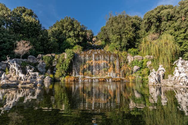 The waterfalls of Diana e Attenone Fountain in the Royal Palace of Caserta, Represent Atteone transformed into a deer by Diana who escapes from dogs, Reggia di Caserta, Italy. UNESCO World