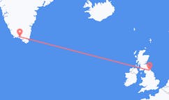 Flights from Narsaq, Greenland to Durham, England, the United Kingdom