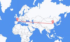 Flyg från Jinan, Kina till Lourdes (kommun i Brasilien, São Paulo, lat -20,94, long -50,24), Frankrike