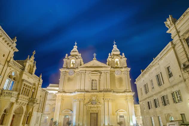 Photo of Saint Paul's Cathedral at night designed by the architect Lorenzo Gafa in Mdina, Malta.