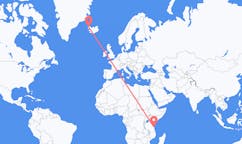 Flights from the city of Dar es Salaam, Tanzania to the city of Ísafjörður, Iceland