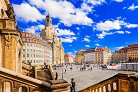 Photo of scenic summer view of the Old Town architecture with Elbe river embankment in Dresden, Saxony, Germany.